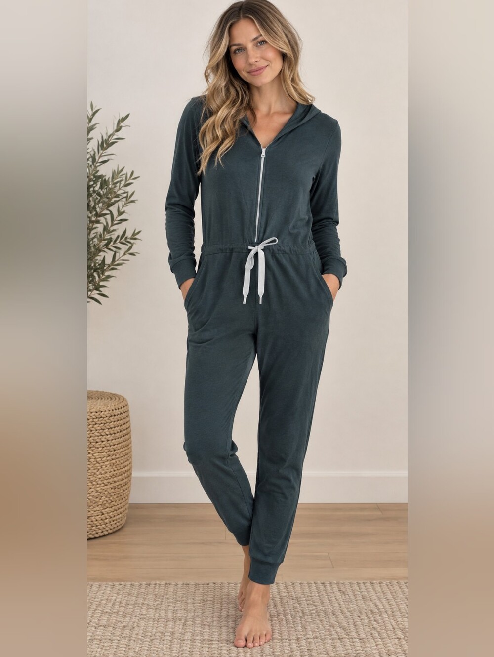 Smash + Tess Hooded Zip-Front Jumpsuit in Deep Teal